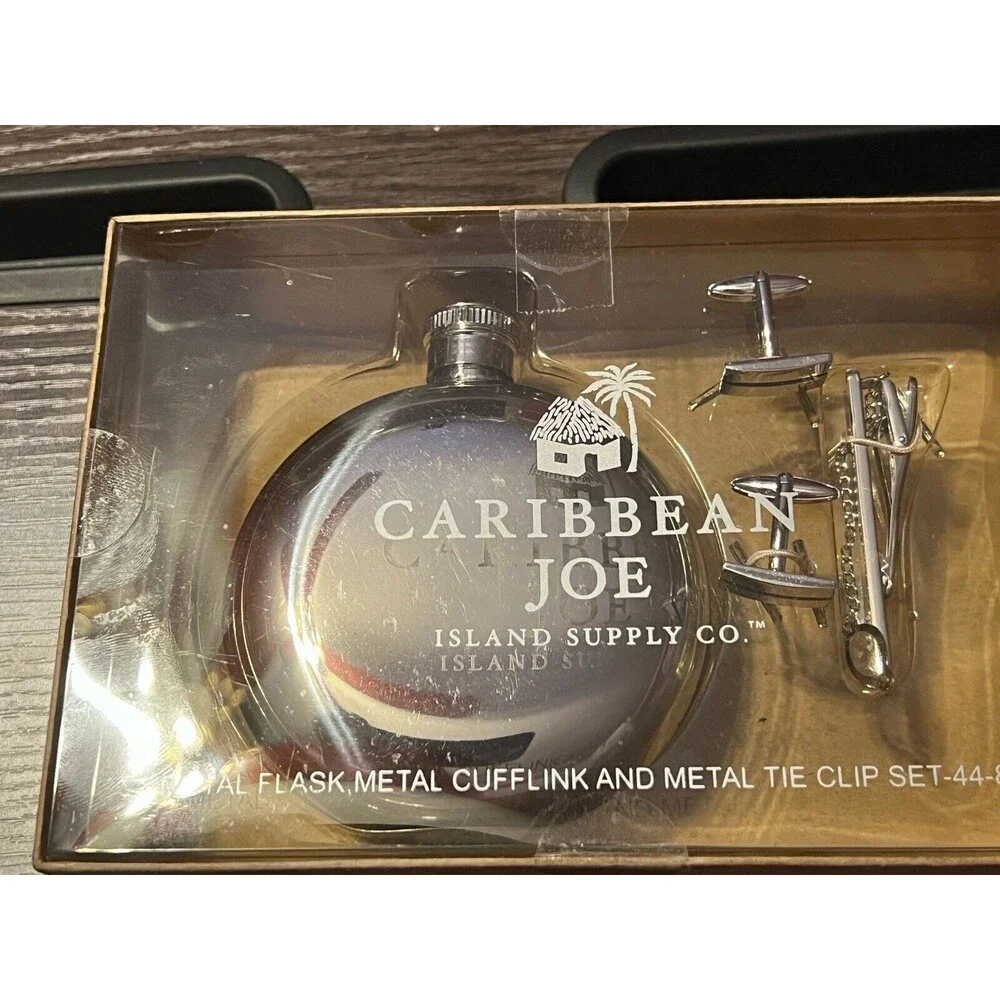 Caribbean Joe Metal Flask Metal Cufflinks Metal Tie Clip‎ Set Groomsman Gift Set